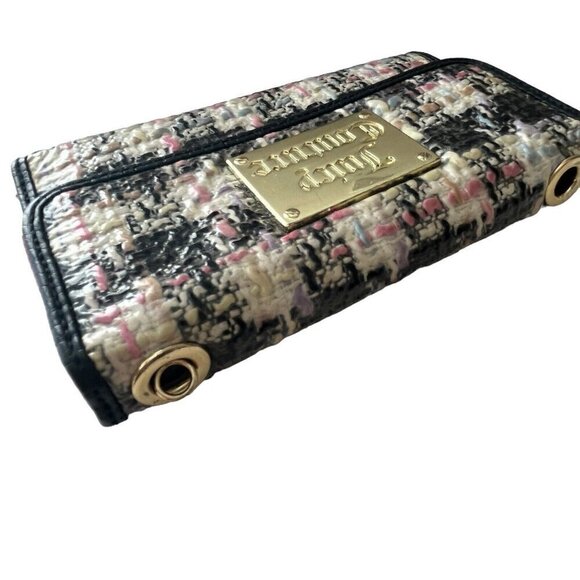 Juicy Couture Wallet Clutch Purse Tweed Plaid Black Pink Missing Chain Strap - Picture 4 of 14